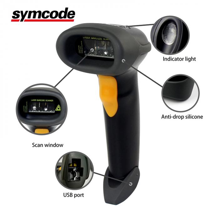 L'analizzatore di laser di Symcode 1D, lettore di codici a barre tenuto in mano con il supporto del supporto ordina